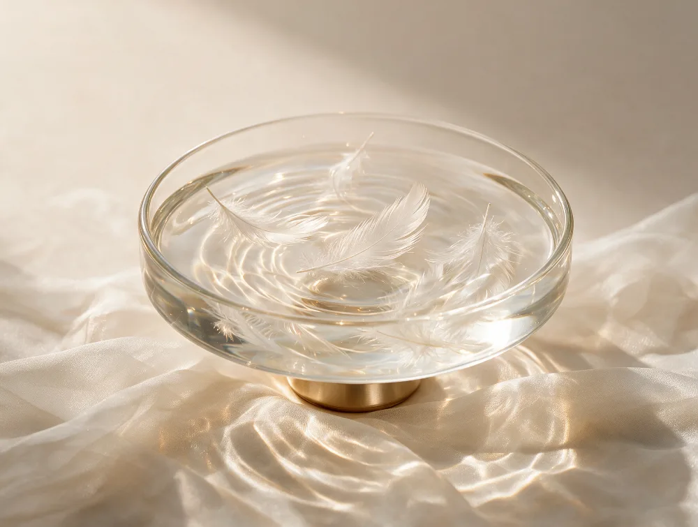 A glass vessel resting in soft light